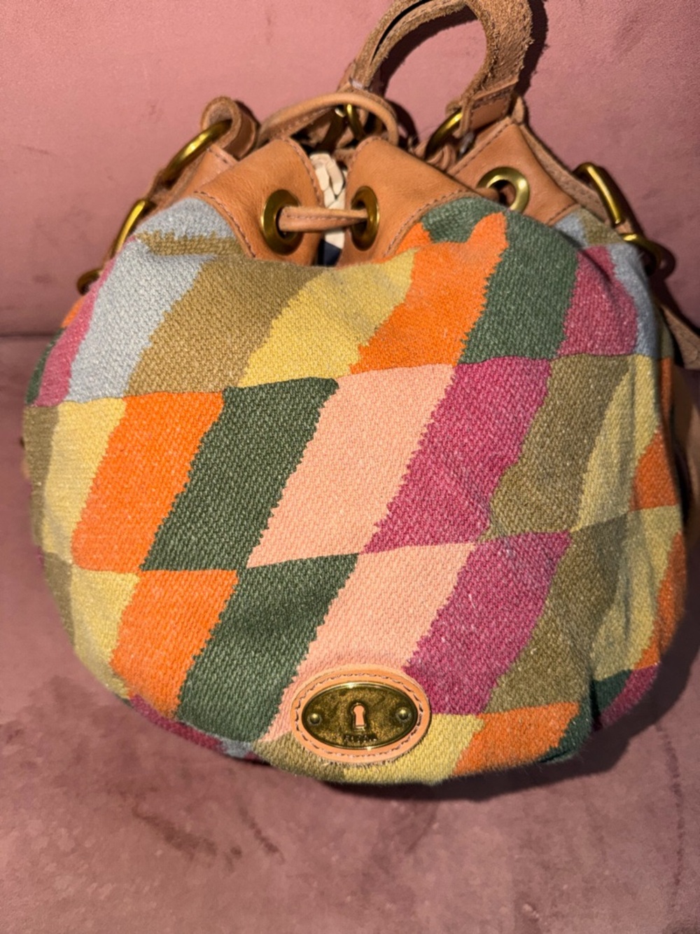 Vintage Fossil Multicolor Geometric Drawstring Shoulder Bag